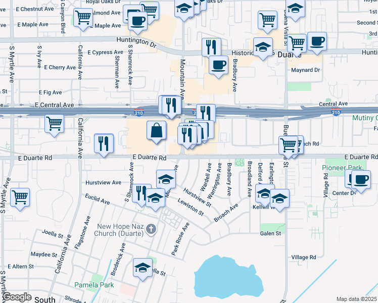 map of restaurants, bars, coffee shops, grocery stores, and more near 946 Hamilton Road in Duarte