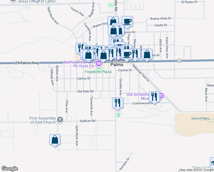map of restaurants, bars, coffee shops, grocery stores, and more near 6667 Cholla Avenue in Twentynine Palms