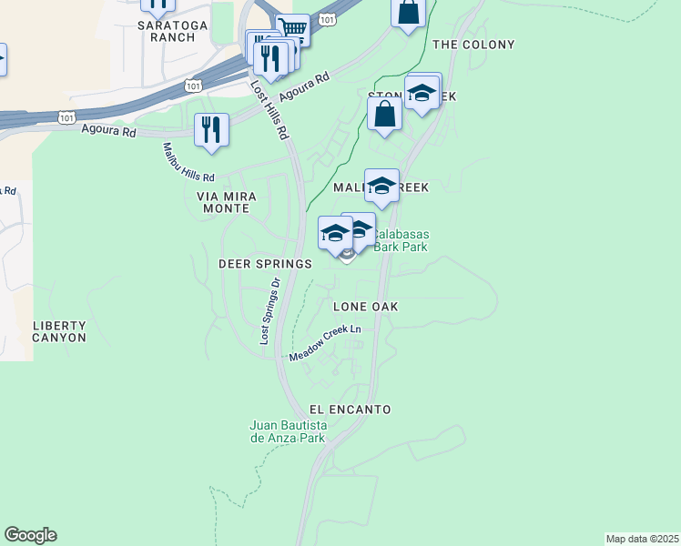 map of restaurants, bars, coffee shops, grocery stores, and more near 3796 Ceanothus Place in Calabasas