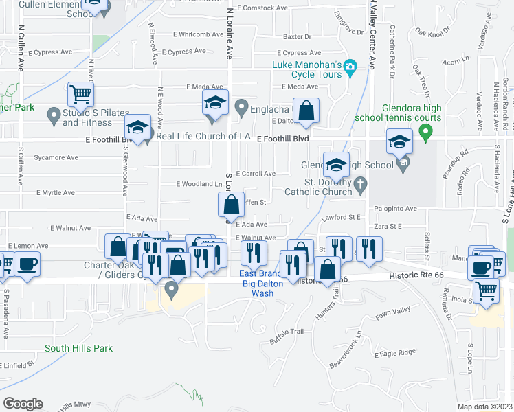 map of restaurants, bars, coffee shops, grocery stores, and more near 1148 Steffen Street in Glendora