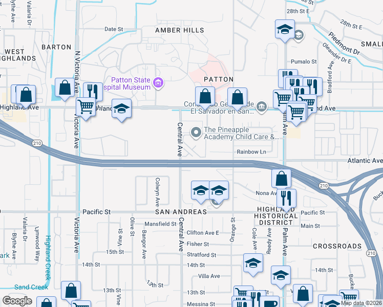 map of restaurants, bars, coffee shops, grocery stores, and more near 1991 Central Avenue in Highland