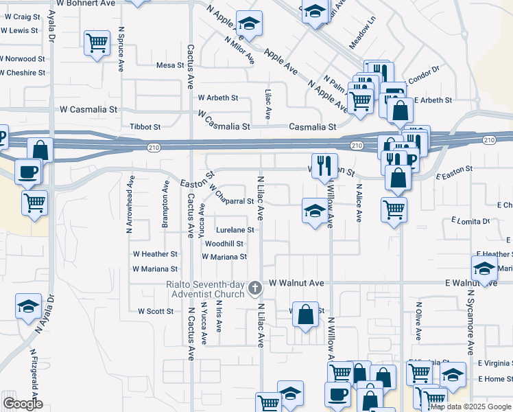 map of restaurants, bars, coffee shops, grocery stores, and more near 19487 West Chaparral Street in Rialto