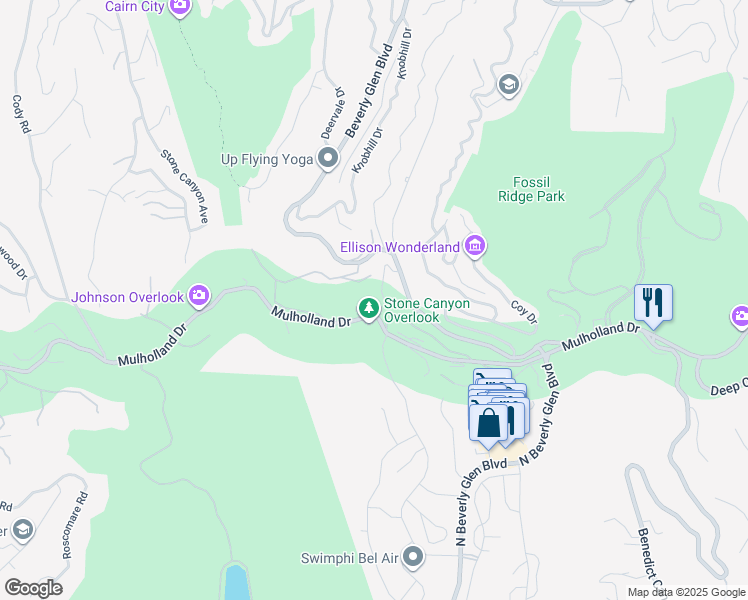 map of restaurants, bars, coffee shops, grocery stores, and more near 14513 Mulholland Drive in Los Angeles