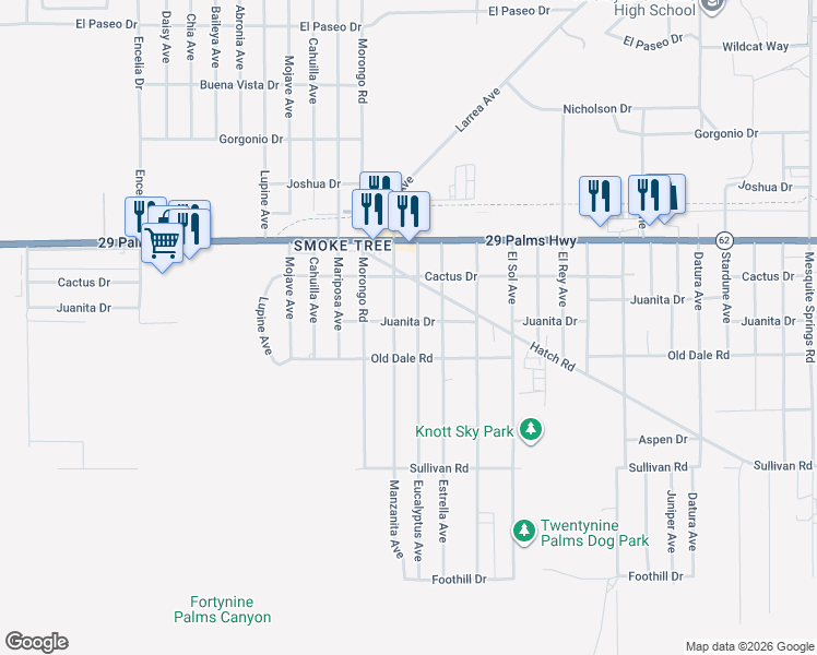 map of restaurants, bars, coffee shops, grocery stores, and more near 72137 Juanita Drive in Twentynine Palms