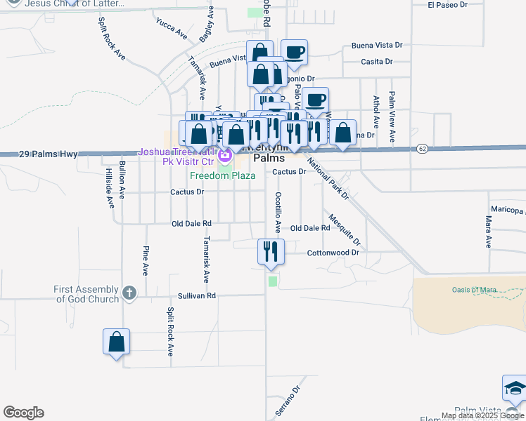 map of restaurants, bars, coffee shops, grocery stores, and more near 6667 Cholla Avenue in Twentynine Palms