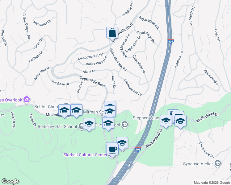 map of restaurants, bars, coffee shops, grocery stores, and more near 3394 Alana Drive in Los Angeles