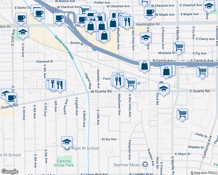 map of restaurants, bars, coffee shops, grocery stores, and more near 531 West Duarte Road in Monrovia