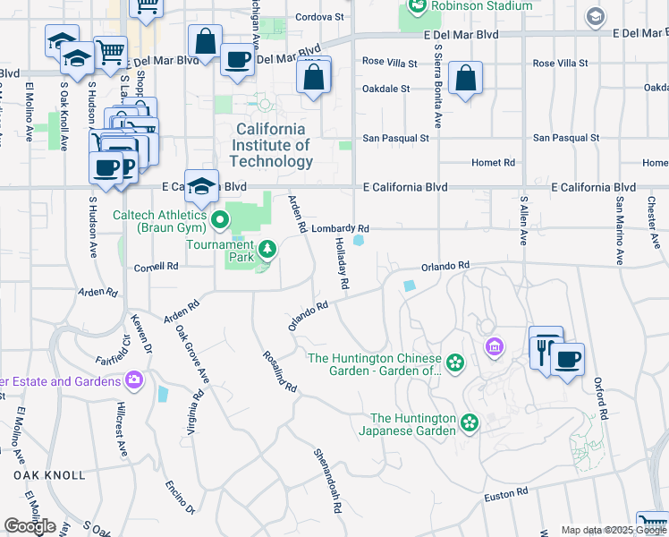 map of restaurants, bars, coffee shops, grocery stores, and more near 755 Holladay Road in Pasadena