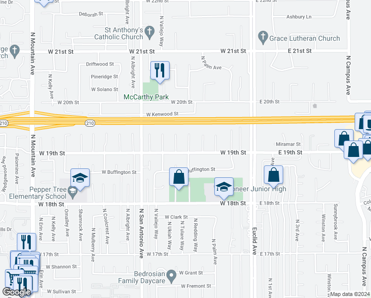 map of restaurants, bars, coffee shops, grocery stores, and more near 1903 North Redding Way in Upland