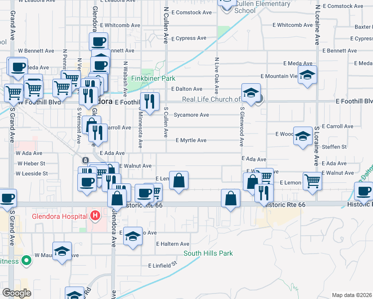 map of restaurants, bars, coffee shops, grocery stores, and more near 549 East Ada Avenue in Glendora