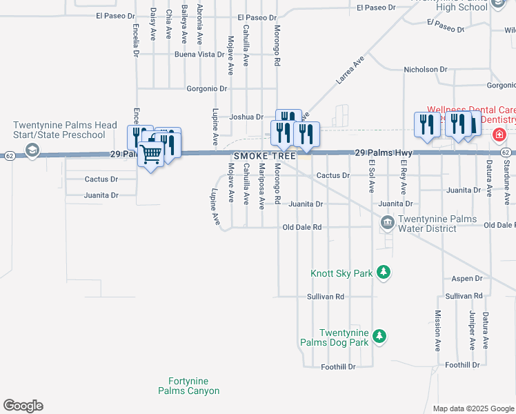 map of restaurants, bars, coffee shops, grocery stores, and more near 6666 1/2 Mariposa Avenue in Twentynine Palms