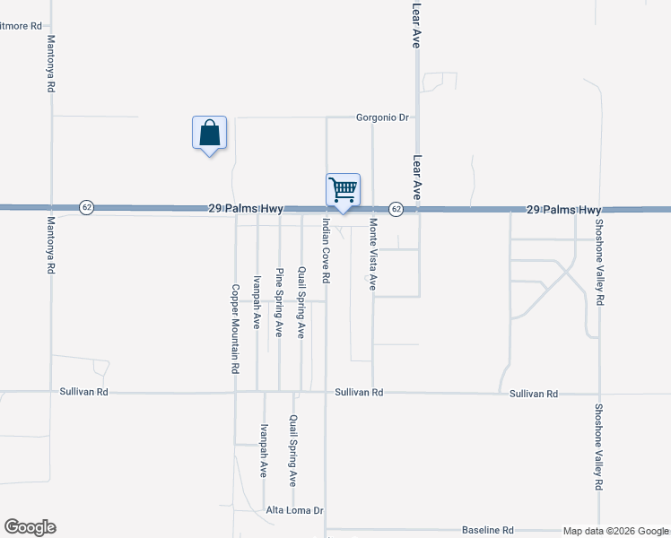 map of restaurants, bars, coffee shops, grocery stores, and more near 6643 Indian Cove Road in Twentynine Palms