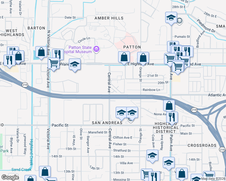 map of restaurants, bars, coffee shops, grocery stores, and more near 1991 Central Avenue in Highland