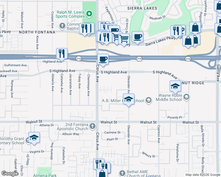 map of restaurants, bars, coffee shops, grocery stores, and more near 16206 Lumia Way in Fontana