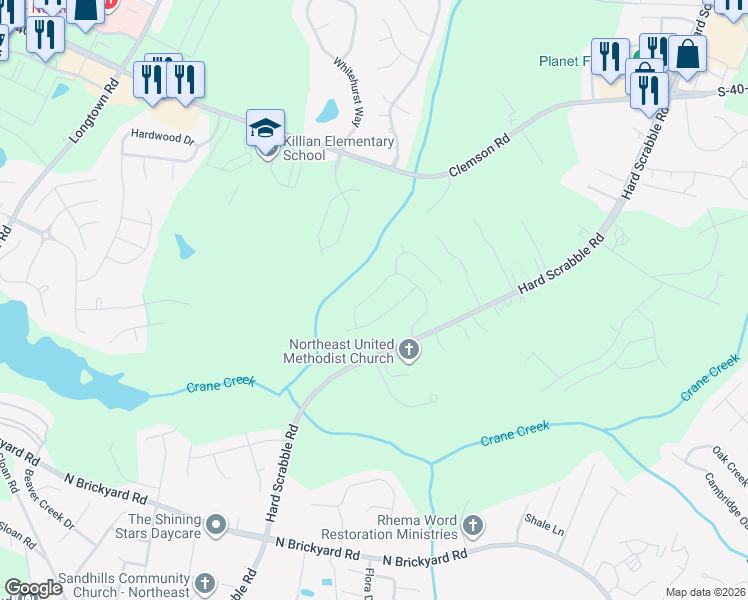 map of restaurants, bars, coffee shops, grocery stores, and more near 197 Hester Woods Drive in Columbia