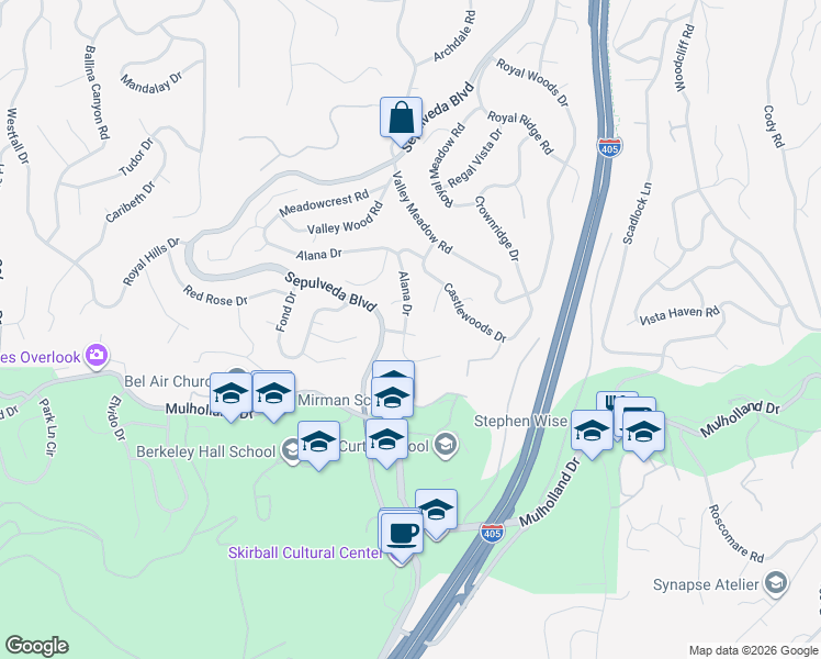 map of restaurants, bars, coffee shops, grocery stores, and more near 3400 Alana Drive in Los Angeles