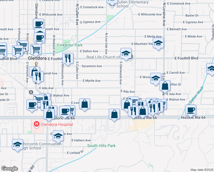 map of restaurants, bars, coffee shops, grocery stores, and more near 703 East Ada Avenue in Glendora