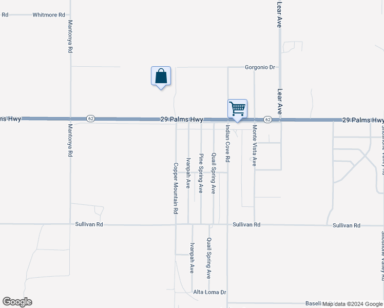 map of restaurants, bars, coffee shops, grocery stores, and more near 6631 Ivanpah Avenue in Twentynine Palms