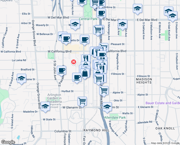 map of restaurants, bars, coffee shops, grocery stores, and more near 757 South Raymond Avenue in Pasadena