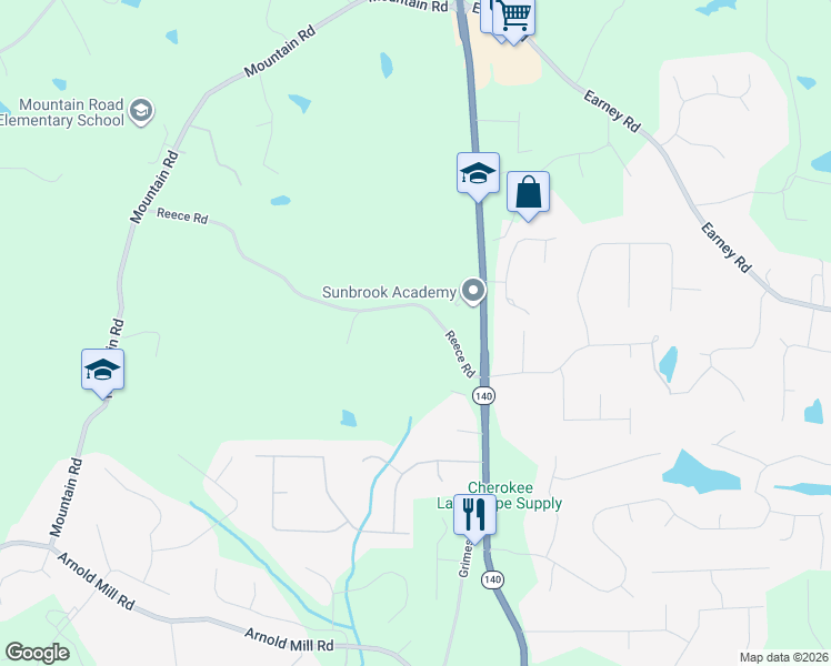 map of restaurants, bars, coffee shops, grocery stores, and more near 1329 Reece Road in Woodstock