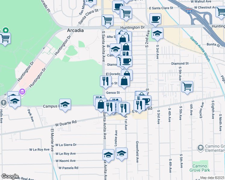 map of restaurants, bars, coffee shops, grocery stores, and more near 15 Genoa Street in Arcadia