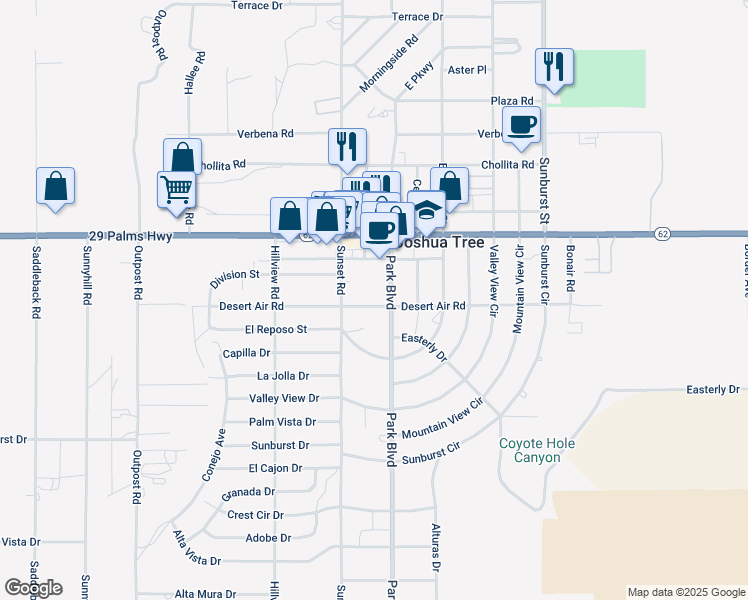 map of restaurants, bars, coffee shops, grocery stores, and more near 61766 Desert Air Road in Joshua Tree