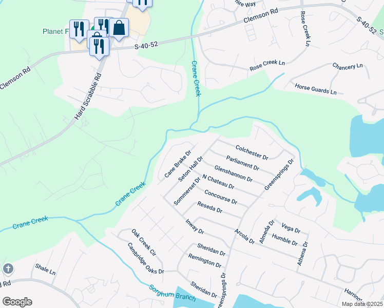 map of restaurants, bars, coffee shops, grocery stores, and more near 168 Cane Brake Drive in Columbia