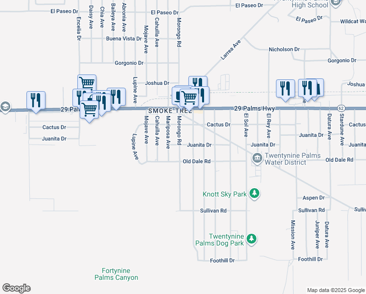 map of restaurants, bars, coffee shops, grocery stores, and more near 72103 Juanita Drive in Twentynine Palms
