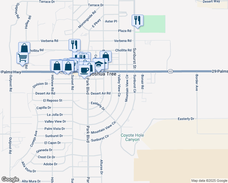 map of restaurants, bars, coffee shops, grocery stores, and more near 62005 Grand View Circle in Joshua Tree