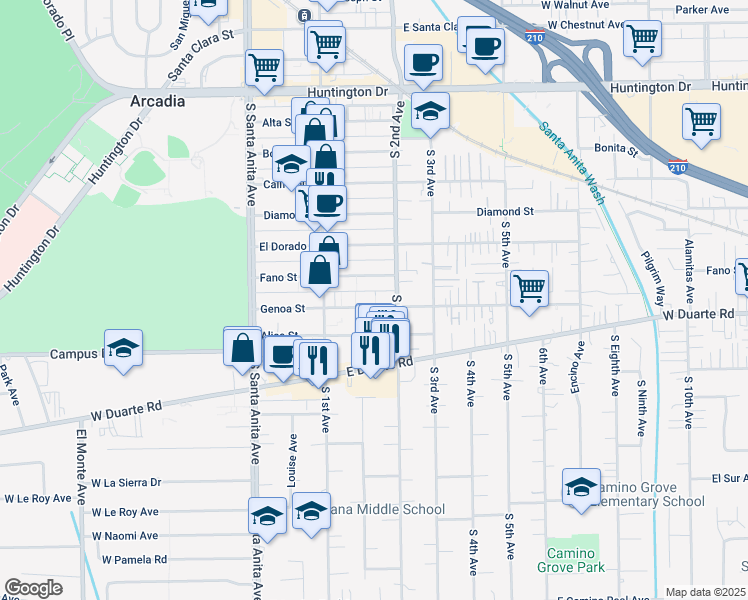 map of restaurants, bars, coffee shops, grocery stores, and more near 151 Genoa Street in Arcadia