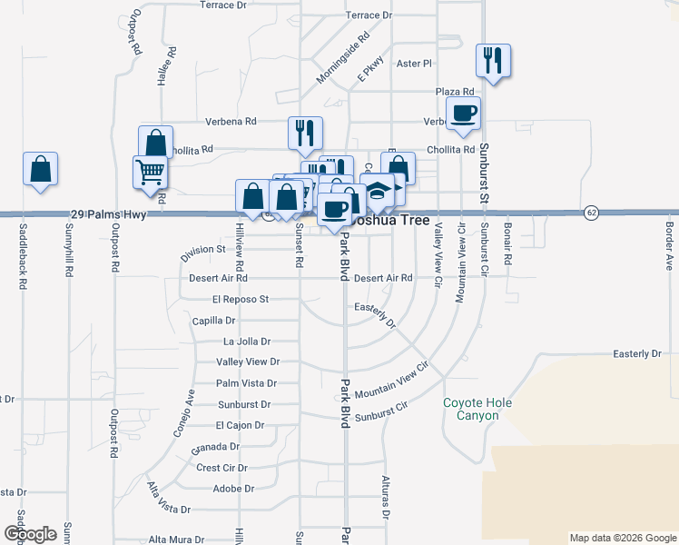 map of restaurants, bars, coffee shops, grocery stores, and more near 61766 Desert Air Road in Joshua Tree