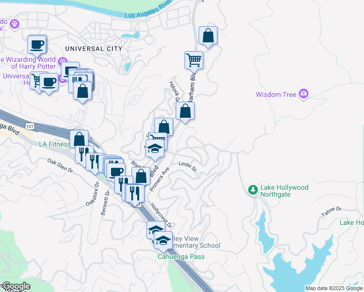 map of restaurants, bars, coffee shops, grocery stores, and more near 3156 La Suvida Drive in Los Angeles