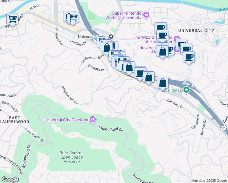 map of restaurants, bars, coffee shops, grocery stores, and more near 3705 Fredonia Drive in Los Angeles