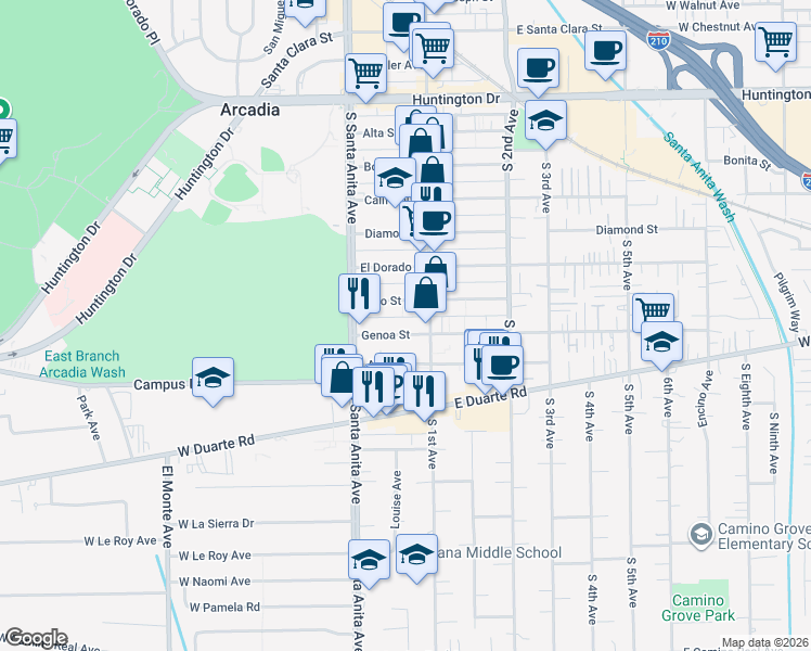 map of restaurants, bars, coffee shops, grocery stores, and more near 45 Genoa Street in Arcadia