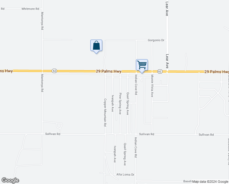 map of restaurants, bars, coffee shops, grocery stores, and more near 6631 Ivanpah Avenue in Twentynine Palms