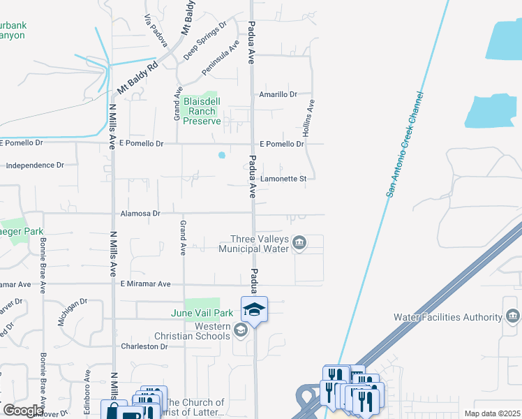 map of restaurants, bars, coffee shops, grocery stores, and more near 1005 Alamosa Drive in Claremont