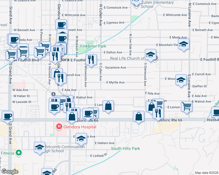 map of restaurants, bars, coffee shops, grocery stores, and more near 533 East Ada Avenue in Glendora