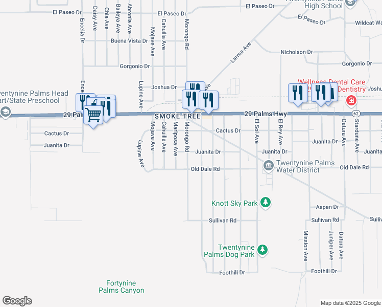 map of restaurants, bars, coffee shops, grocery stores, and more near 72103 Juanita Drive in Twentynine Palms