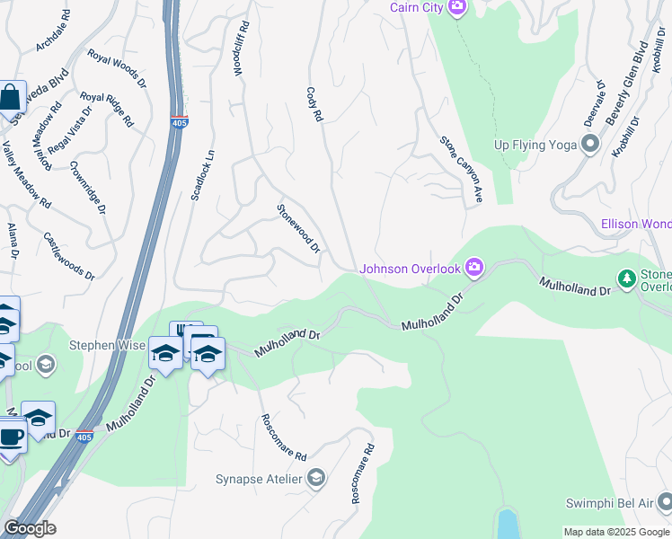 map of restaurants, bars, coffee shops, grocery stores, and more near 3471 Woodcliff Road in Los Angeles