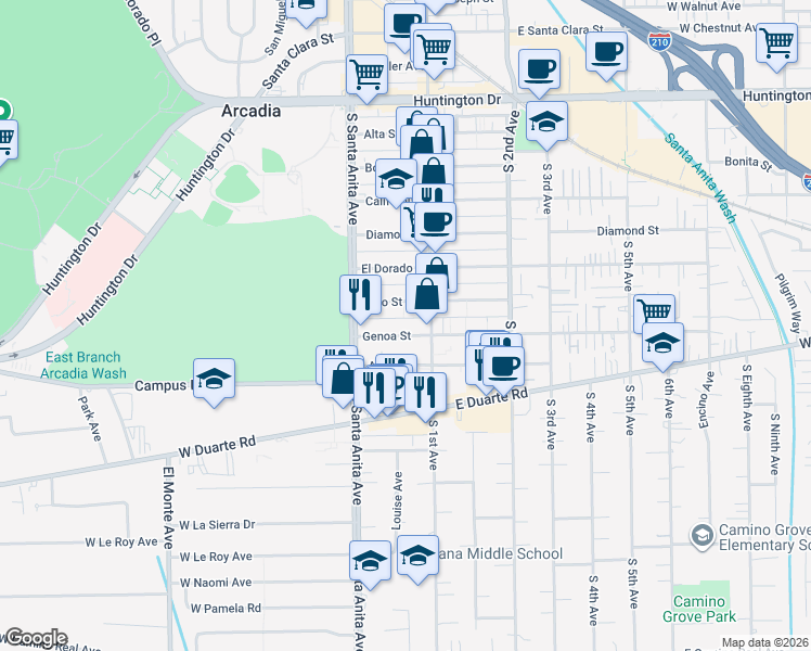 map of restaurants, bars, coffee shops, grocery stores, and more near 45 Genoa Street in Arcadia