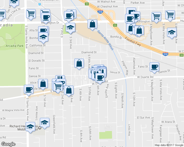 map of restaurants, bars, coffee shops, grocery stores, and more near 943 Genoa Street in Monrovia