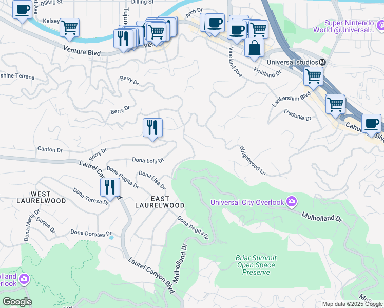 map of restaurants, bars, coffee shops, grocery stores, and more near 3351 Wrightwood Drive in Los Angeles