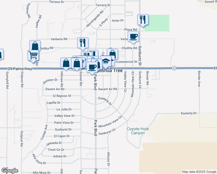 map of restaurants, bars, coffee shops, grocery stores, and more near 61960 El Reposo Circle in Joshua Tree