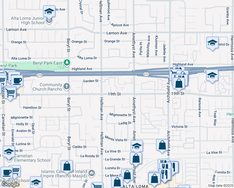 map of restaurants, bars, coffee shops, grocery stores, and more near 19th Street in Rancho Cucamonga