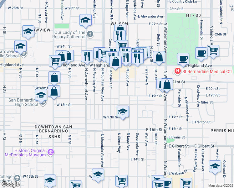 map of restaurants, bars, coffee shops, grocery stores, and more near 1964 North Sierra Way in San Bernardino