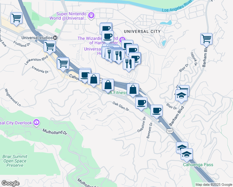 map of restaurants, bars, coffee shops, grocery stores, and more near 3450 Cahuenga Boulevard West in Los Angeles