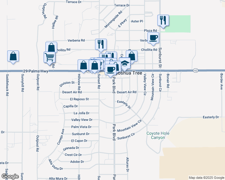 map of restaurants, bars, coffee shops, grocery stores, and more near 61766 Desert Air Road in Joshua Tree