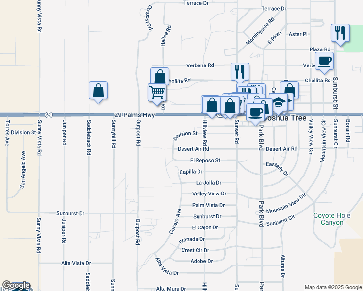 map of restaurants, bars, coffee shops, grocery stores, and more near 61498 Desert Air Road in Joshua Tree