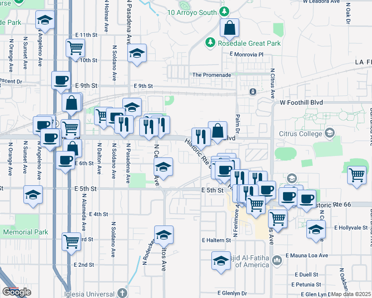 map of restaurants, bars, coffee shops, grocery stores, and more near 650 Cedarglen Drive in Azusa