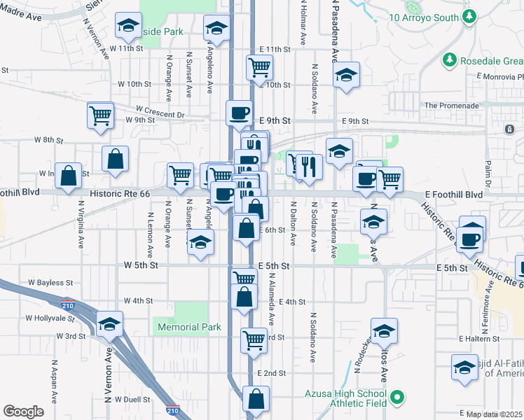 map of restaurants, bars, coffee shops, grocery stores, and more near in Azusa